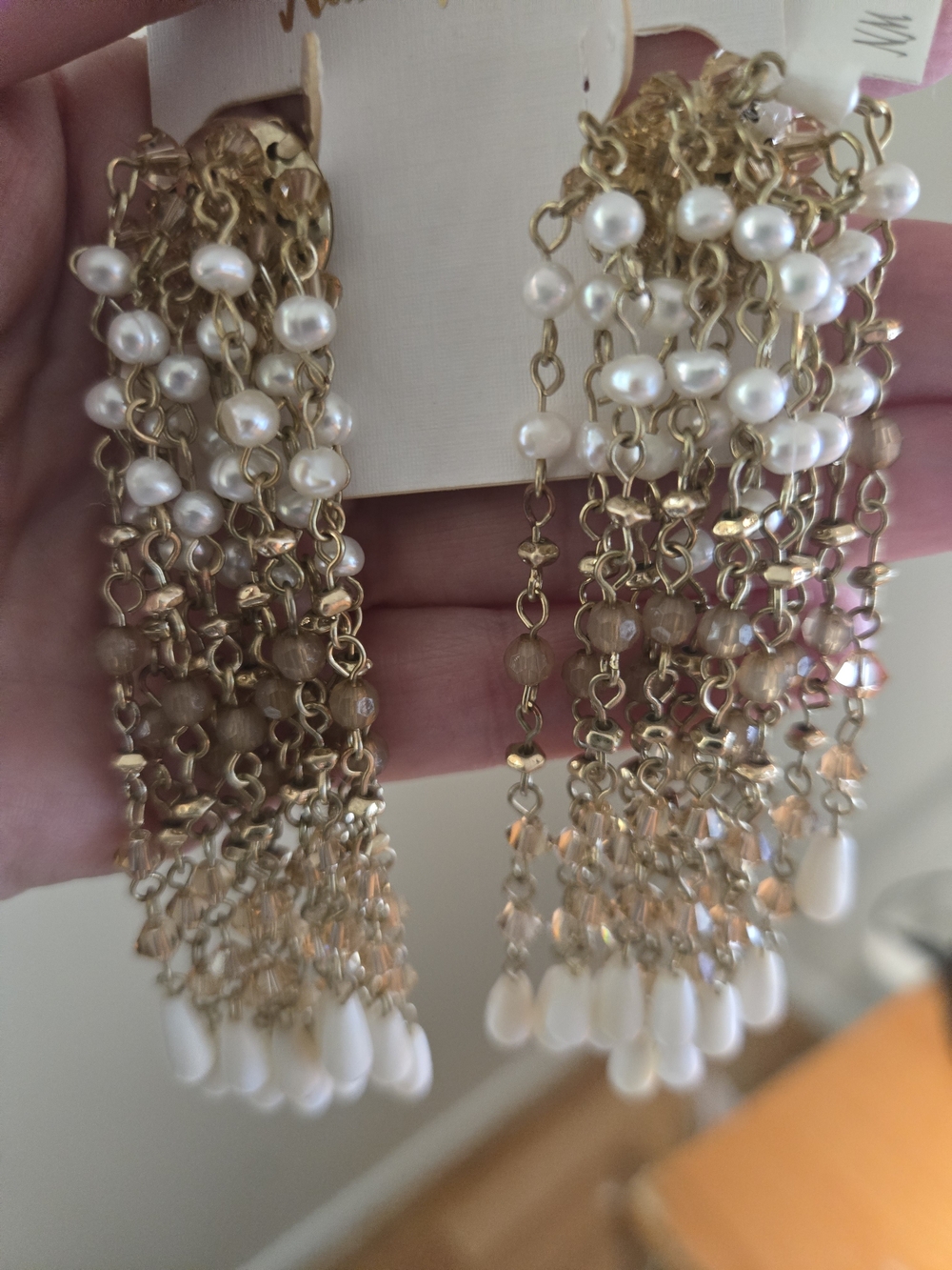 Gold Pearl Drop Multi-Chain Earrings Waterfall
